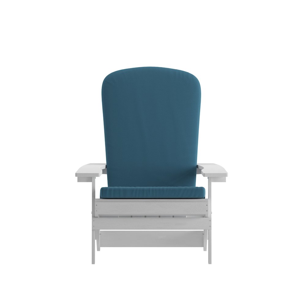 Set of 2Folding Adirondack Chairs in White with Teal Cushions, Porch, and Patio