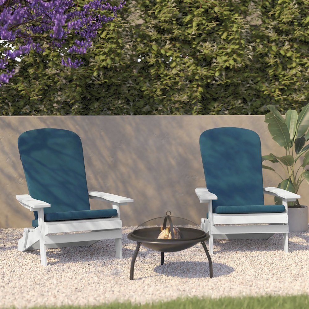 Set of 2Folding Adirondack Chairs in White with Teal Cushions, Porch, and Patio