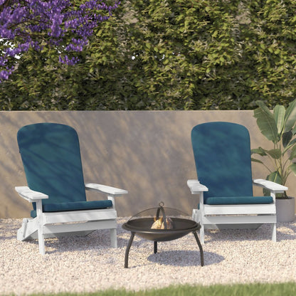 Set of 2Folding Adirondack Chairs in White with Teal Cushions, Porch, and Patio