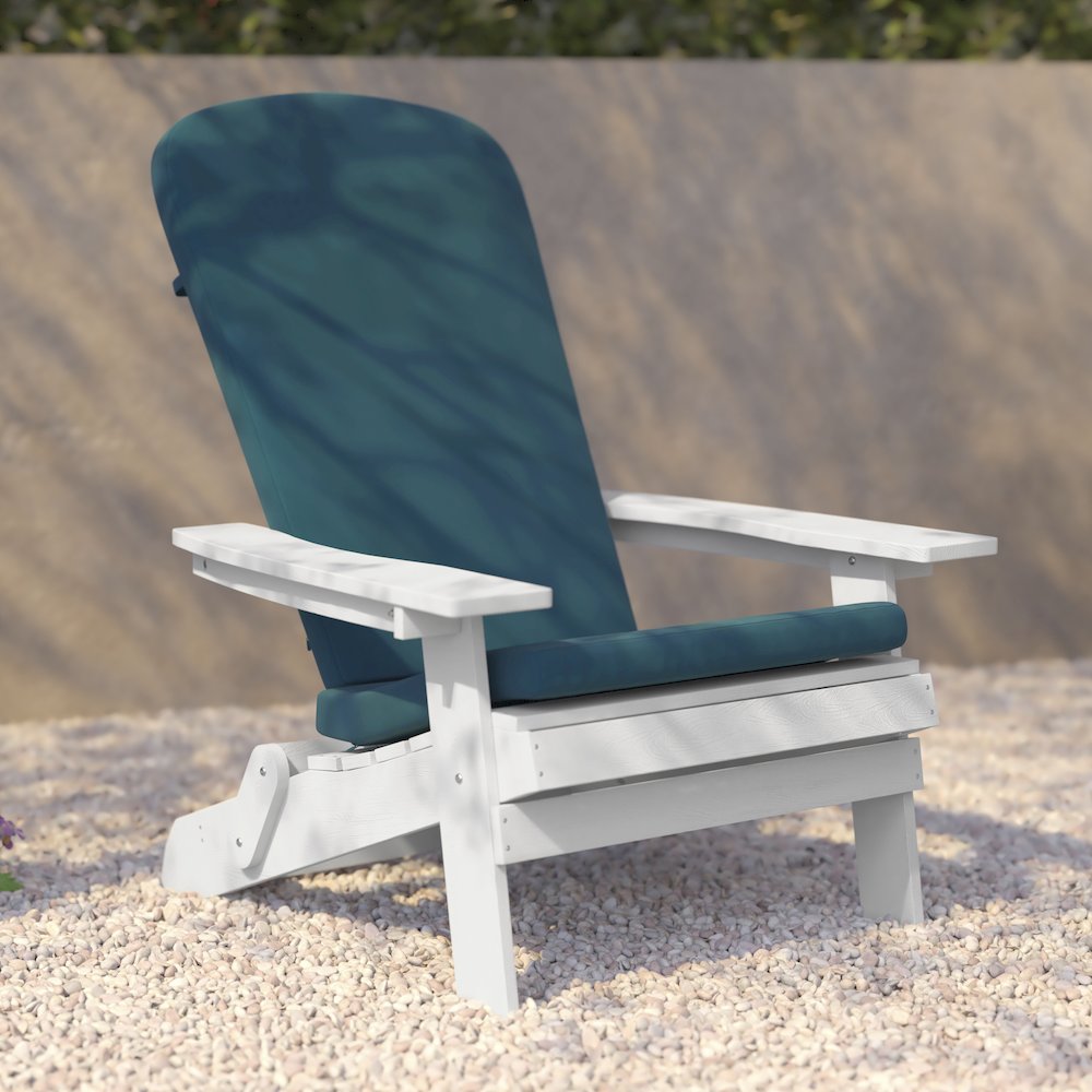 Set of 2Folding Adirondack Chairs in White with Teal Cushions, Porch, and Patio