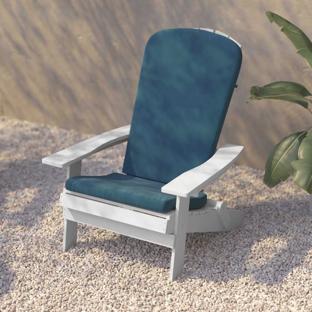 Set of 2Folding Adirondack Chairs in White with Teal Cushions, Porch, and Patio