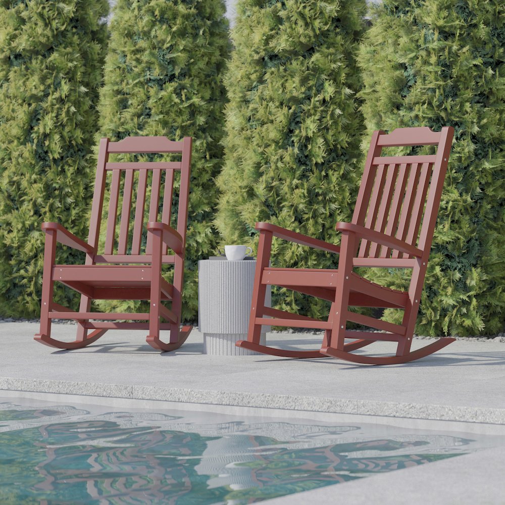 Set of 2 Red Faux Wood Rocking Chairs for Indoor or Outdoor Use