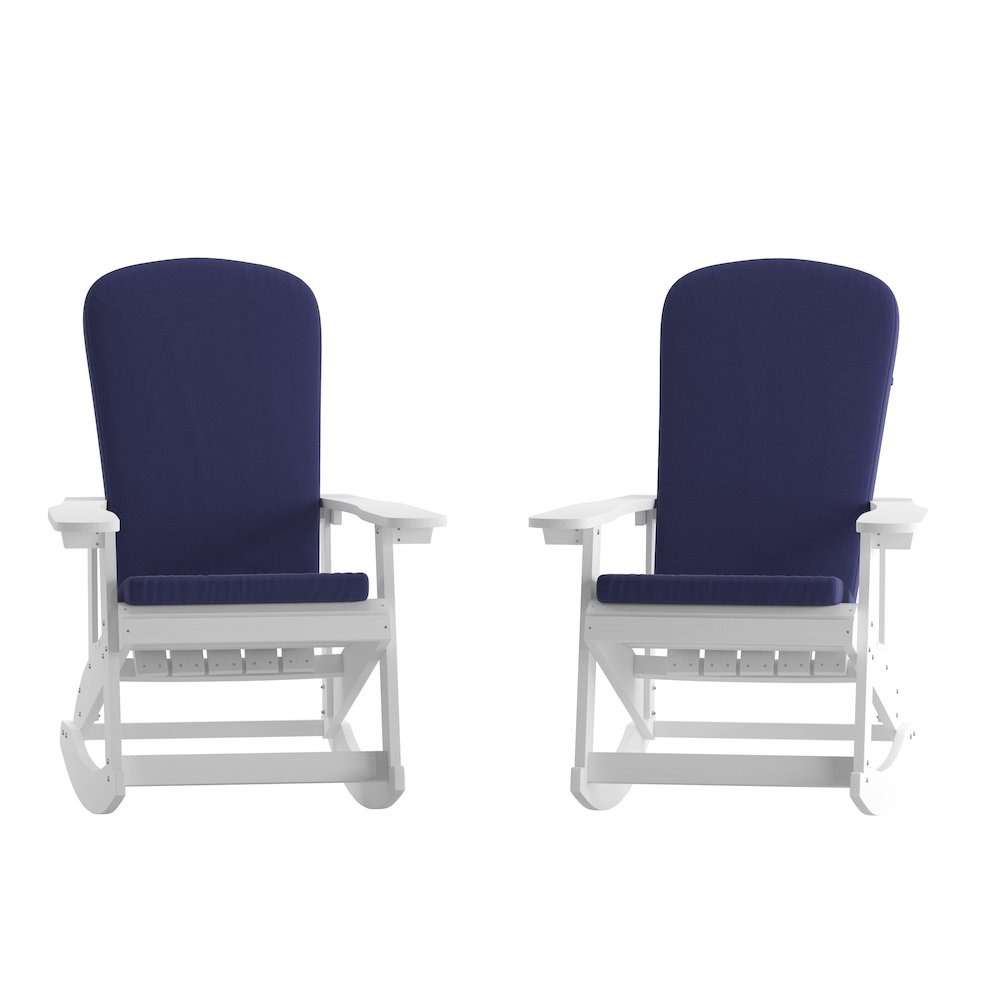Set of 2 Adirondack Rocking Chairs in White with Blue Cushions, Porch, and Patio