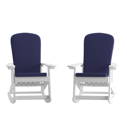 Set of 2 Adirondack Rocking Chairs in White with Blue Cushions, Porch, and Patio