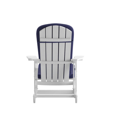 Set of 2 Adirondack Rocking Chairs in White with Blue Cushions, Porch, and Patio