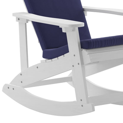 Set of 2 Adirondack Rocking Chairs in White with Blue Cushions, Porch, and Patio