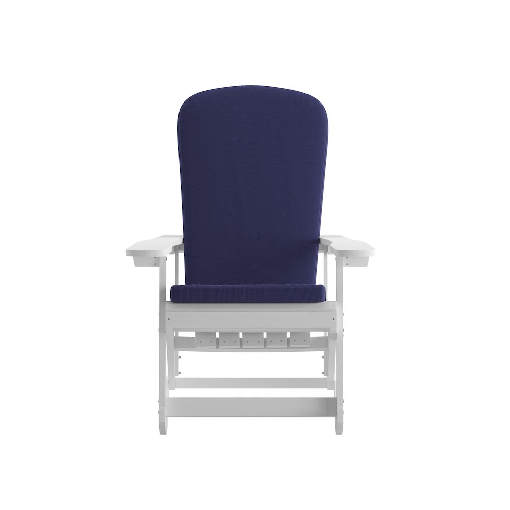 Set of 2 Adirondack Rocking Chairs in White with Blue Cushions, Porch, and Patio