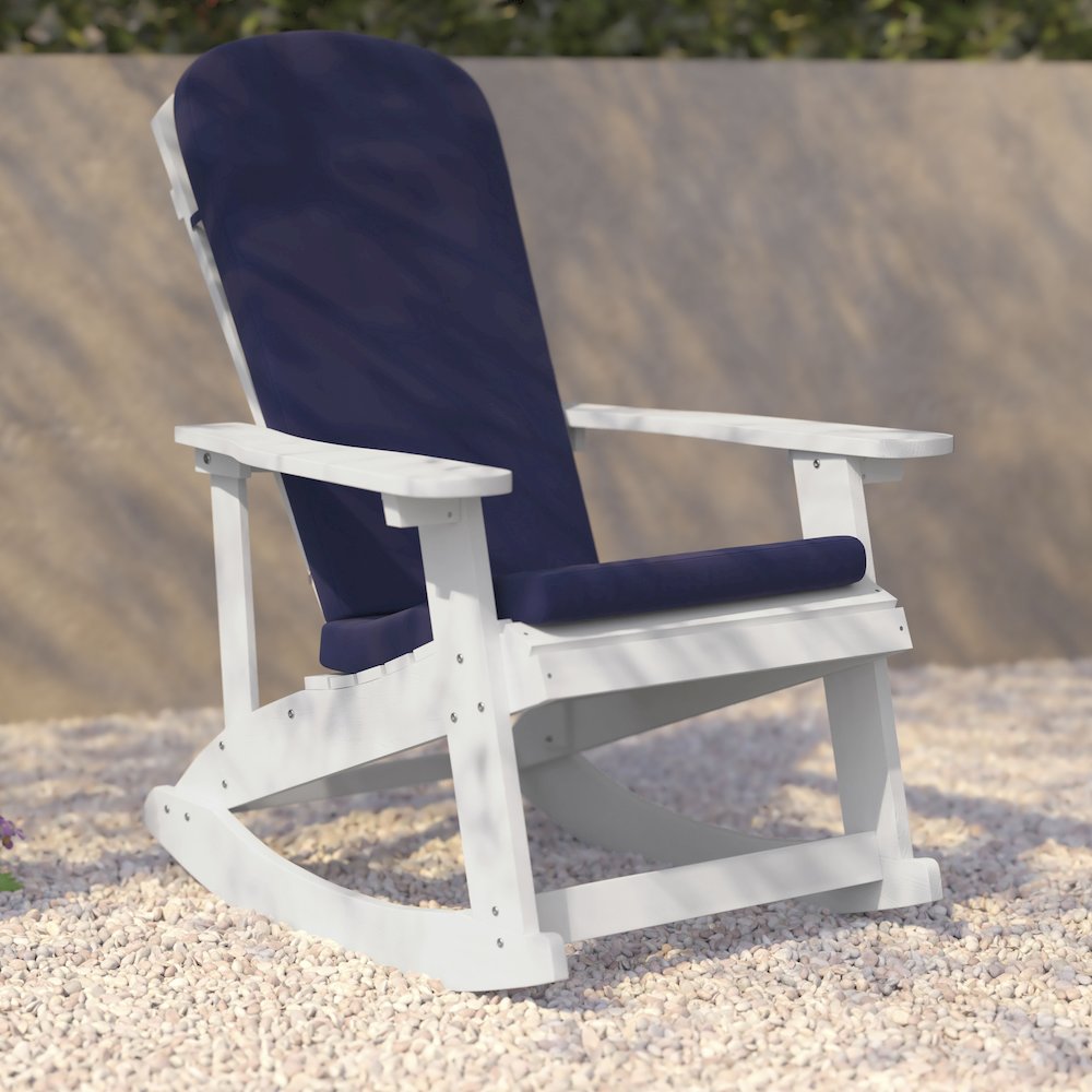 Set of 2 Adirondack Rocking Chairs in White with Blue Cushions, Porch, and Patio