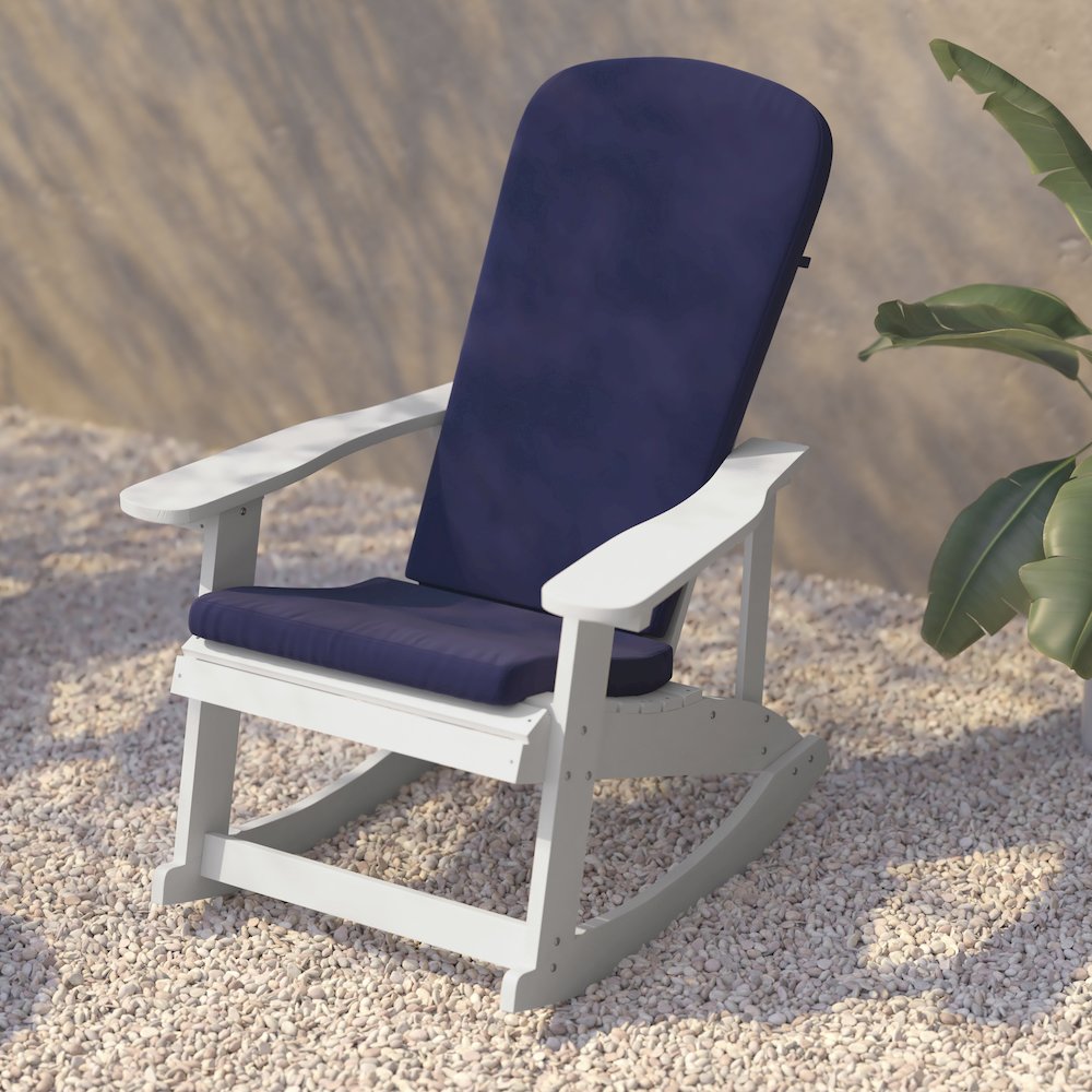 Set of 2 Adirondack Rocking Chairs in White with Blue Cushions, Porch, and Patio
