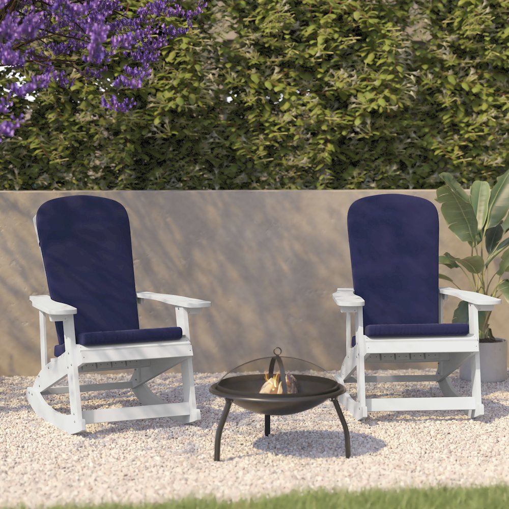 Set of 2 Adirondack Rocking Chairs in White with Blue Cushions, Porch, and Patio