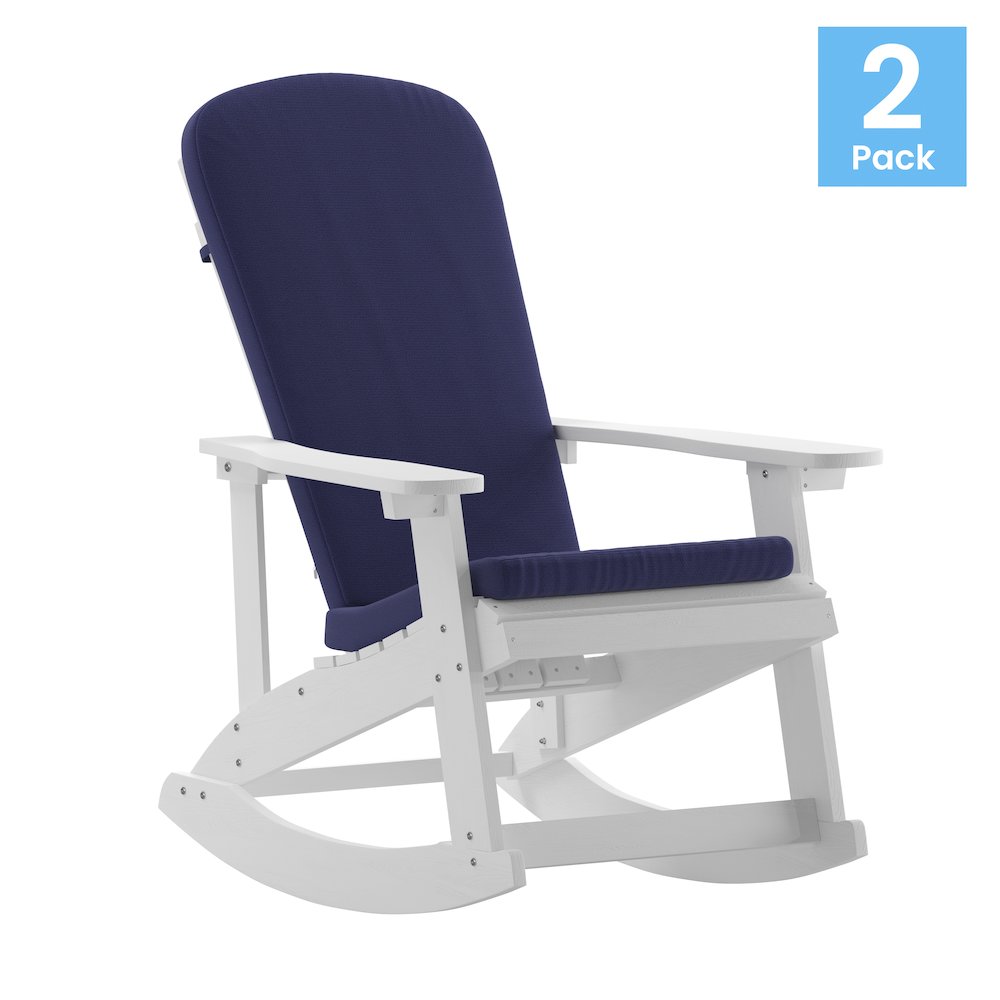 Set of 2 Adirondack Rocking Chairs in White with Blue Cushions, Porch, and Patio