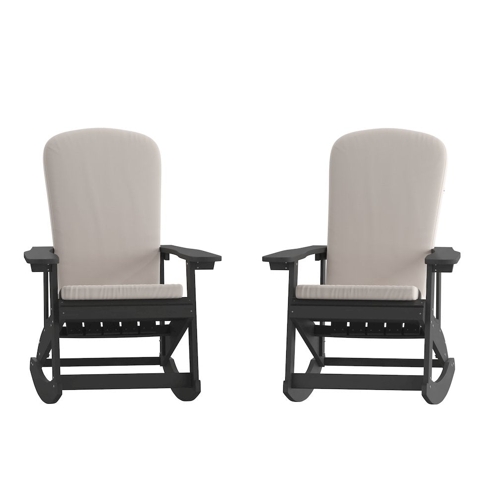 Set of 2 Adirondack Rocking Chairs in Black with Cream Cushions, Porch and Patio