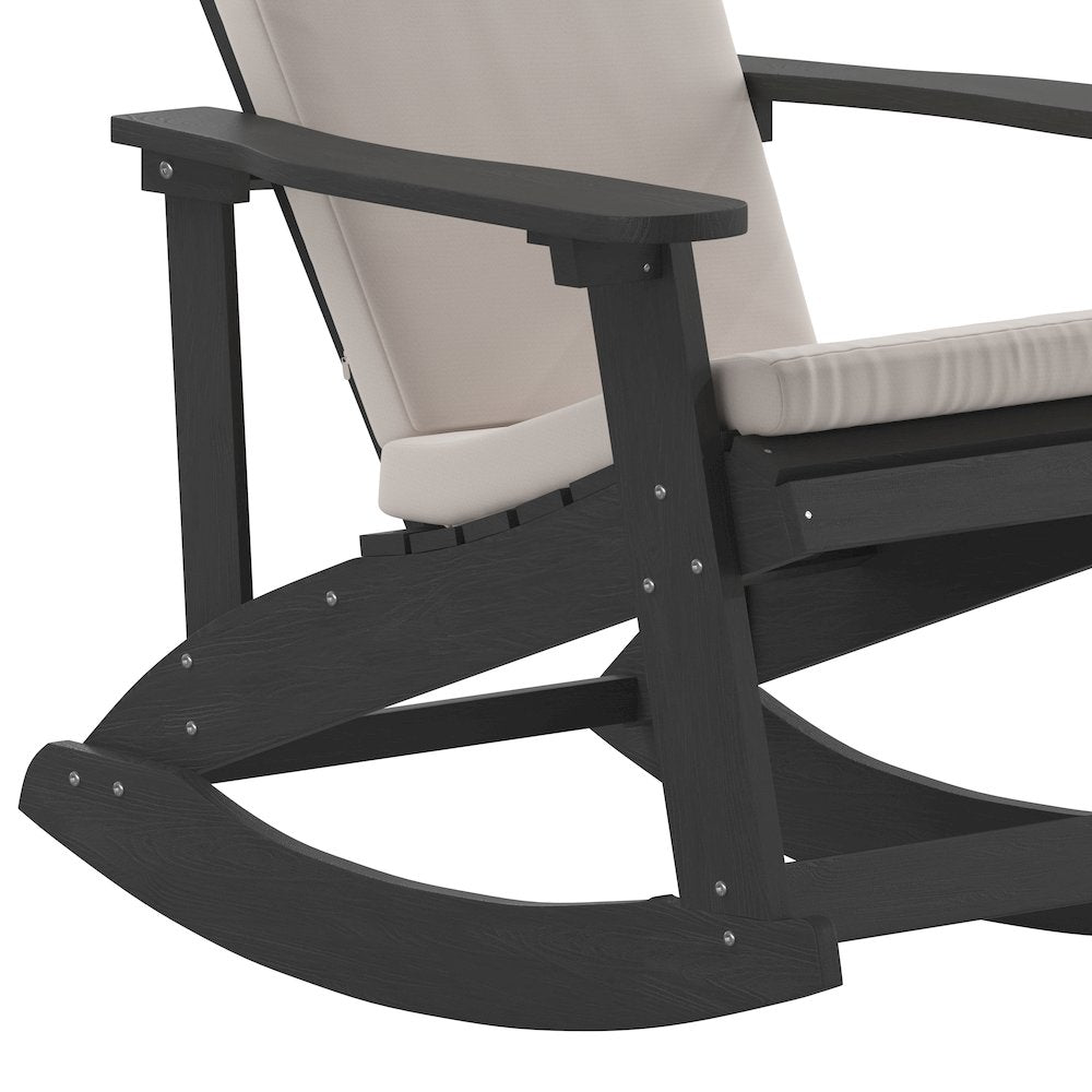 Set of 2 Adirondack Rocking Chairs in Black with Cream Cushions, Porch and Patio