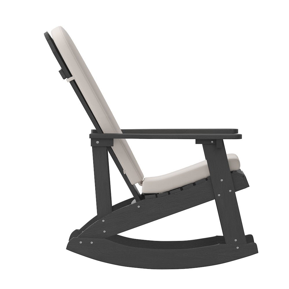 Set of 2 Adirondack Rocking Chairs in Black with Cream Cushions, Porch and Patio