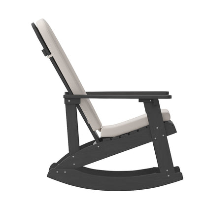 Set of 2 Adirondack Rocking Chairs in Black with Cream Cushions, Porch and Patio