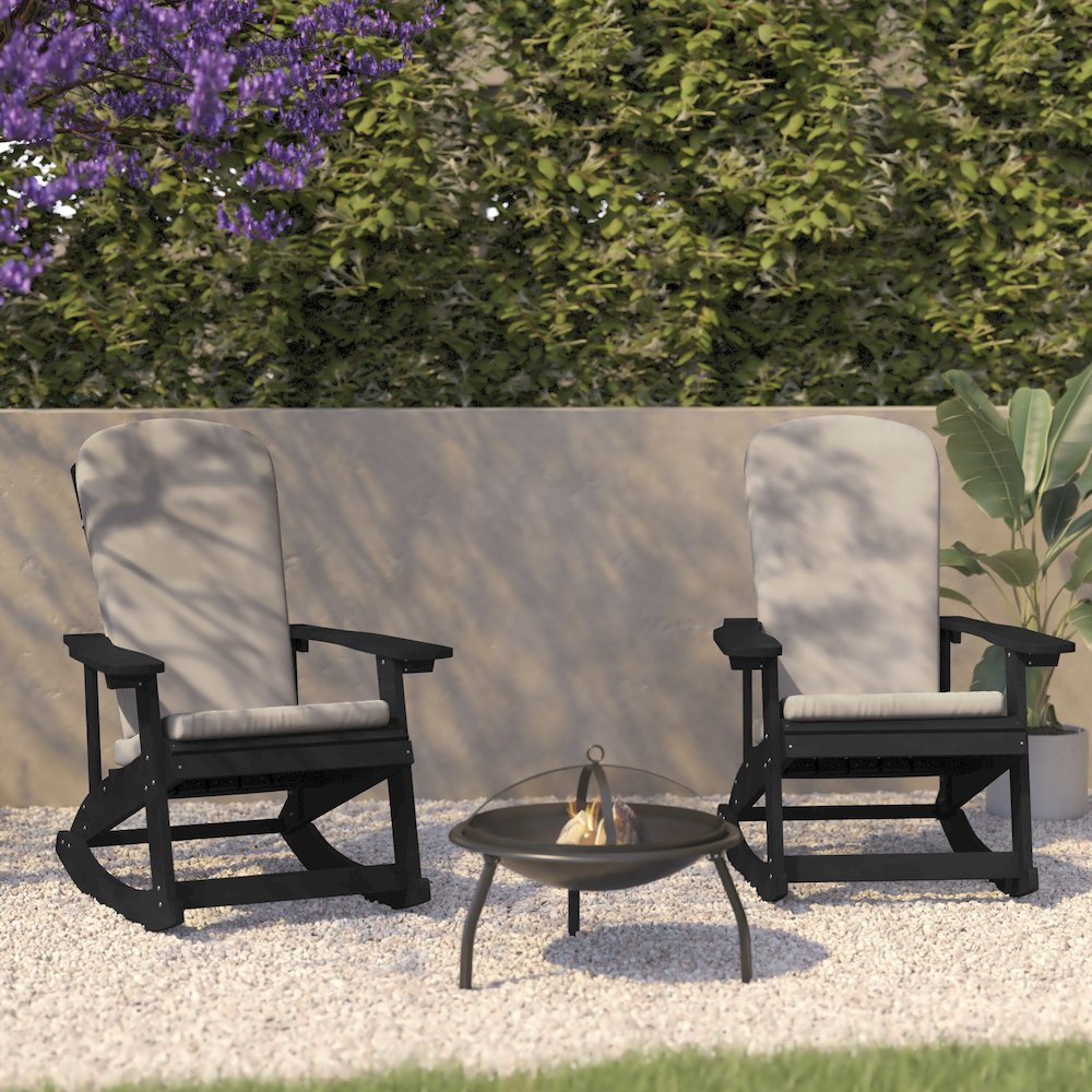 Set of 2 Adirondack Rocking Chairs in Black with Cream Cushions, Porch and Patio