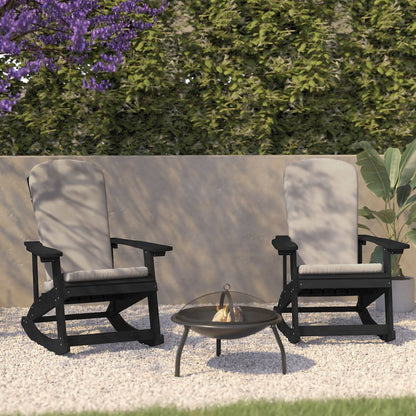 Set of 2 Adirondack Rocking Chairs in Black with Cream Cushions, Porch and Patio