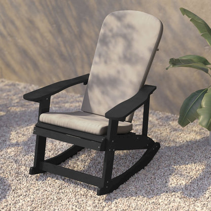 Set of 2 Adirondack Rocking Chairs in Black with Cream Cushions, Porch and Patio