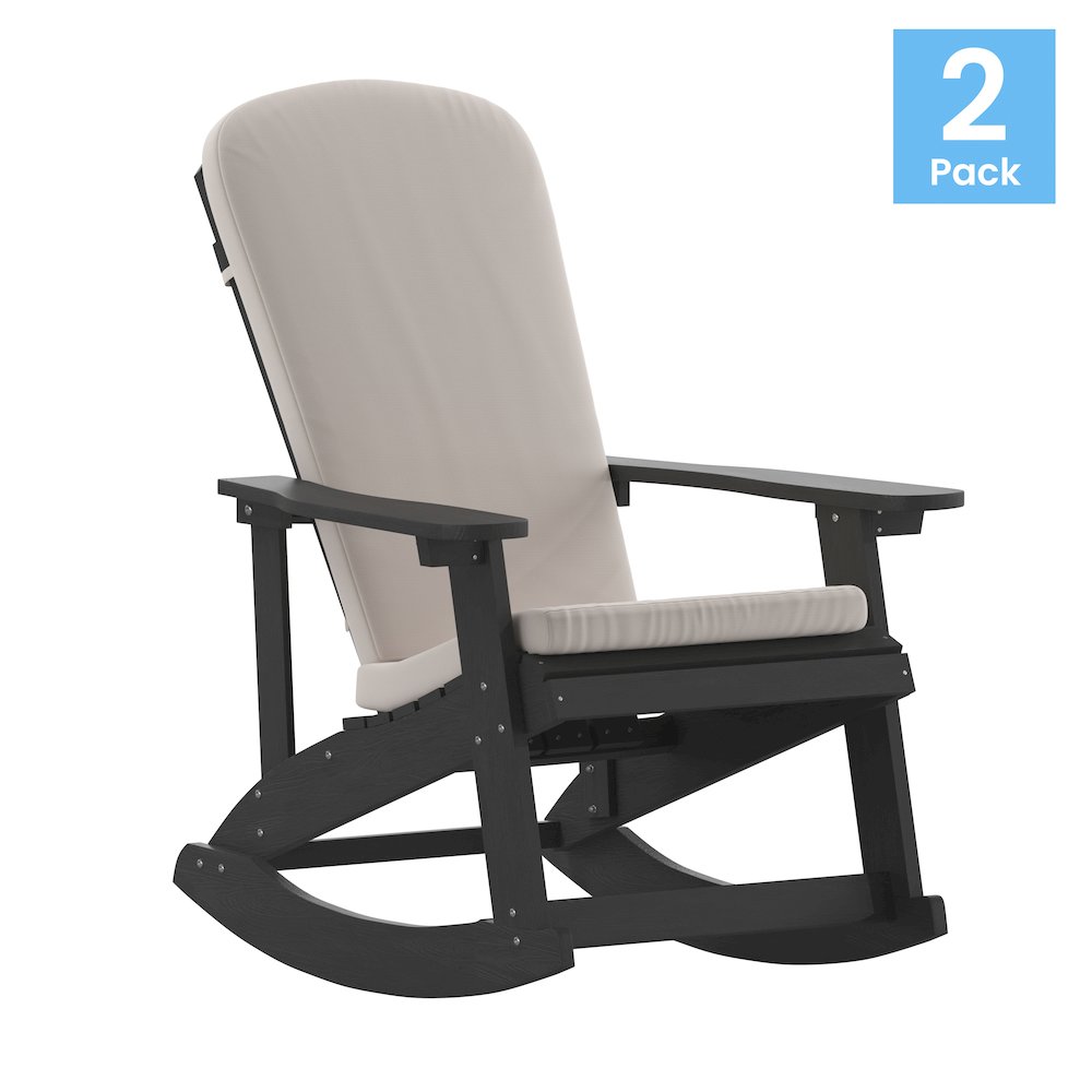 Set of 2 Adirondack Rocking Chairs in Black with Cream Cushions, Porch and Patio