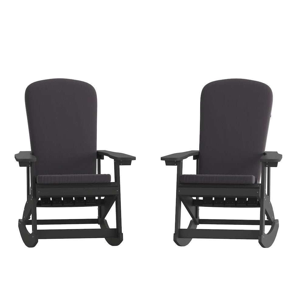 Set of 2 Adirondack Rocking Chairs in Black with Gray Cushions, Porch, and Patio