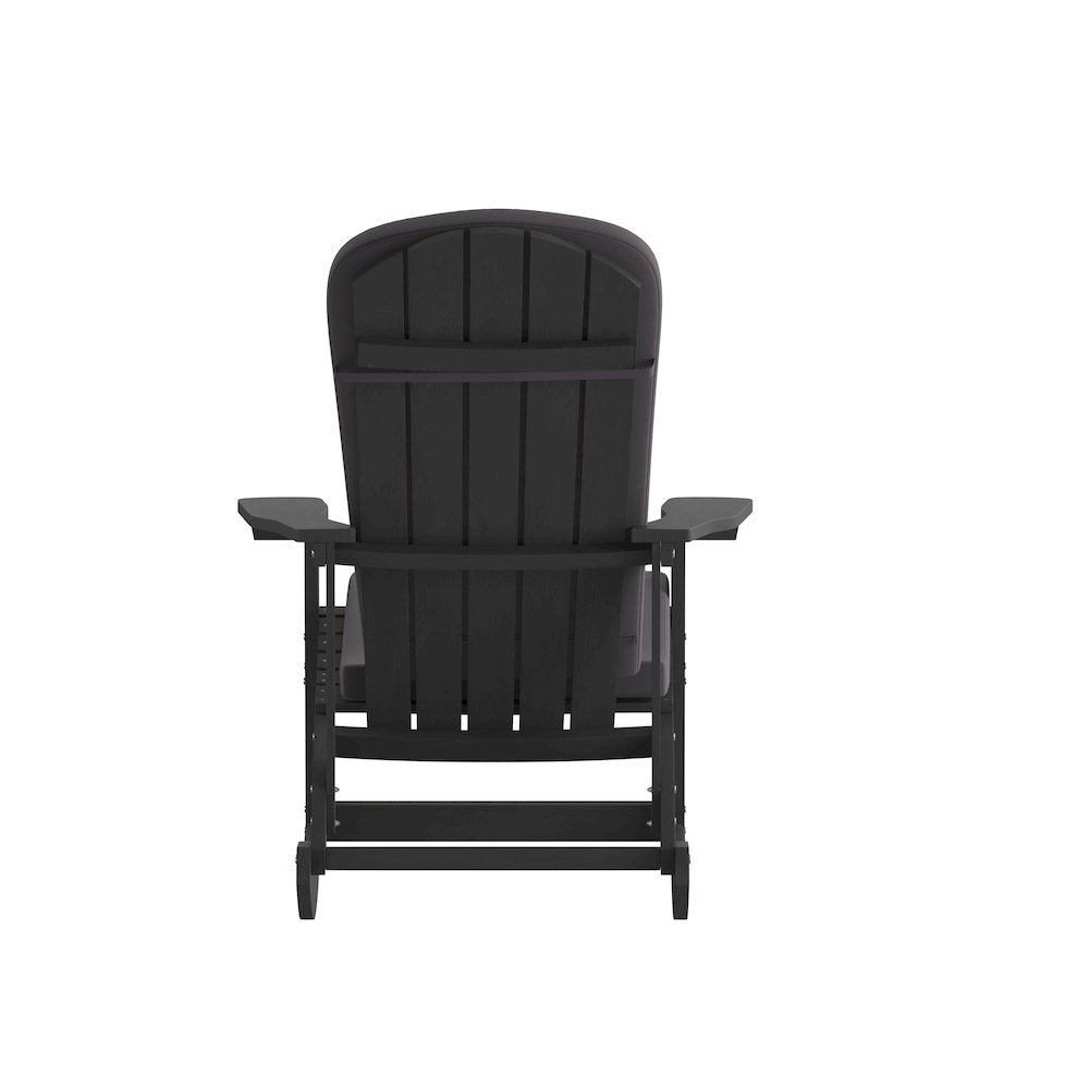 Set of 2 Adirondack Rocking Chairs in Black with Gray Cushions, Porch, and Patio