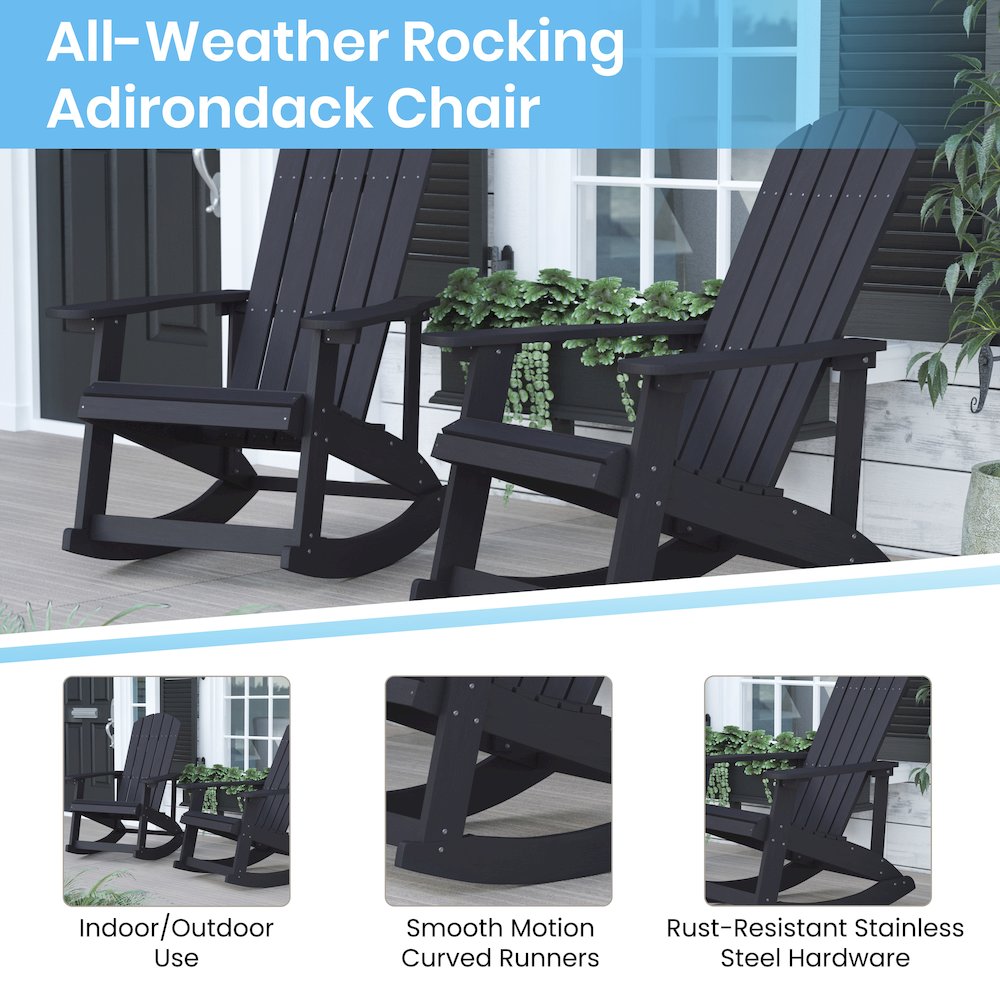Set of 2 Adirondack Rocking Chairs in Black with Gray Cushions, Porch, and Patio