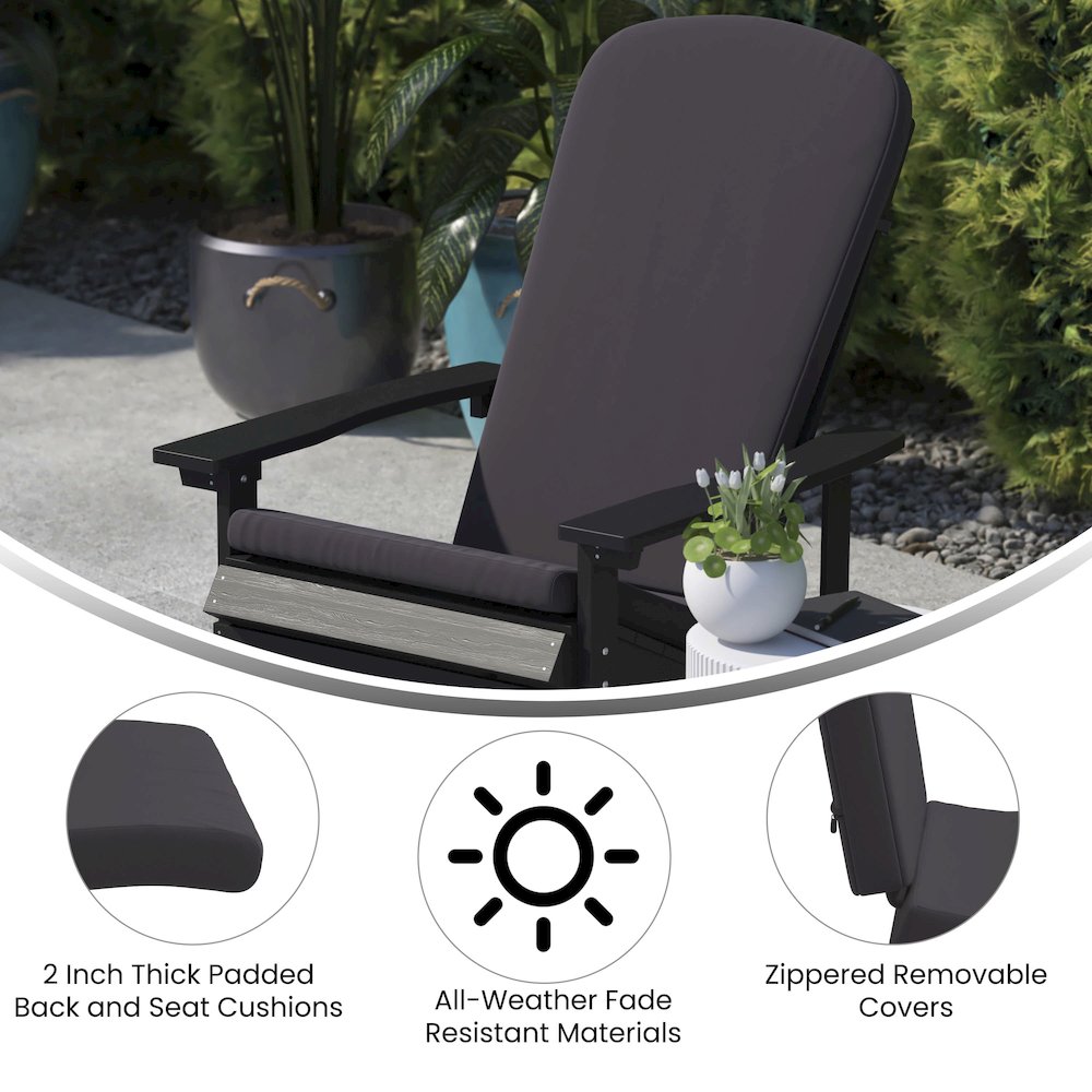 Set of 2 Adirondack Rocking Chairs in Black with Gray Cushions, Porch, and Patio