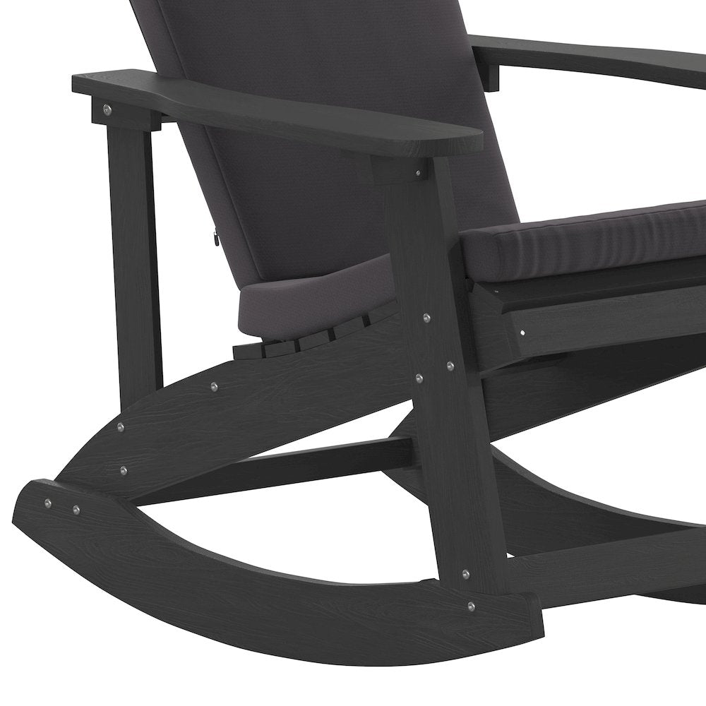 Set of 2 Adirondack Rocking Chairs in Black with Gray Cushions, Porch, and Patio
