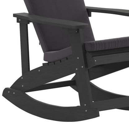 Set of 2 Adirondack Rocking Chairs in Black with Gray Cushions, Porch, and Patio