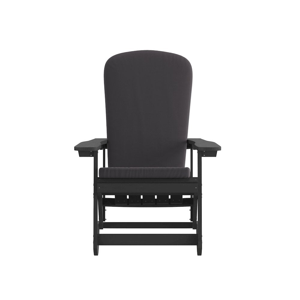 Set of 2 Adirondack Rocking Chairs in Black with Gray Cushions, Porch, and Patio