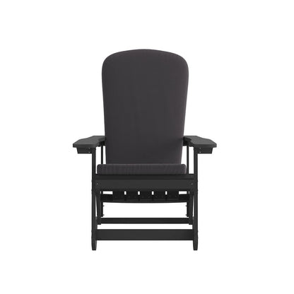 Set of 2 Adirondack Rocking Chairs in Black with Gray Cushions, Porch, and Patio