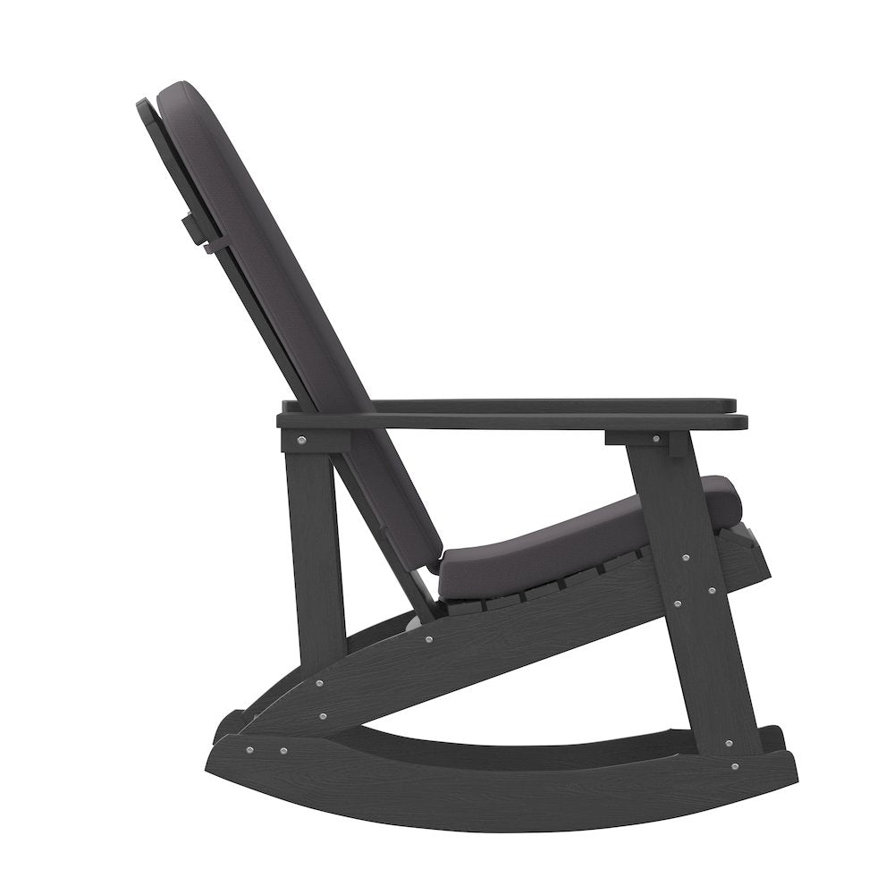 Set of 2 Adirondack Rocking Chairs in Black with Gray Cushions, Porch, and Patio