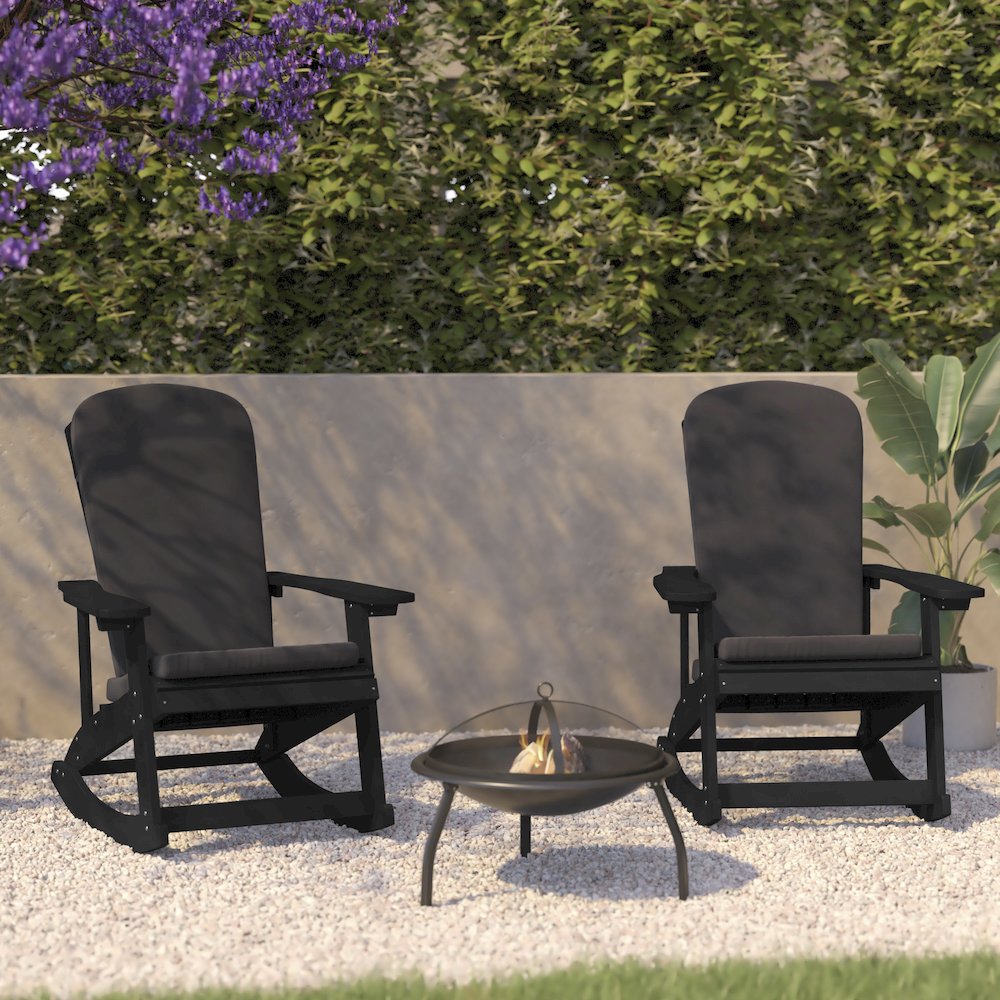 Set of 2 Adirondack Rocking Chairs in Black with Gray Cushions, Porch, and Patio