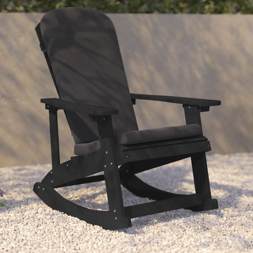 Set of 2 Adirondack Rocking Chairs in Black with Gray Cushions, Porch, and Patio