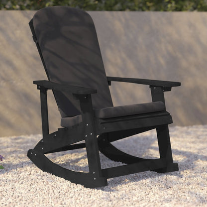 Set of 2 Adirondack Rocking Chairs in Black with Gray Cushions, Porch, and Patio