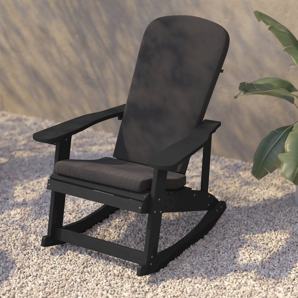 Set of 2 Adirondack Rocking Chairs in Black with Gray Cushions, Porch, and Patio