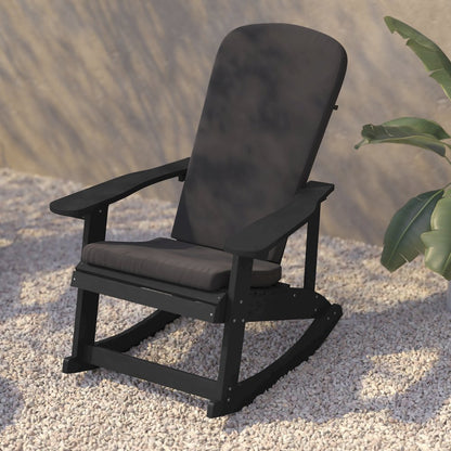 Set of 2 Adirondack Rocking Chairs in Black with Gray Cushions, Porch, and Patio