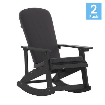 Set of 2 Adirondack Rocking Chairs in Black with Gray Cushions, Porch, and Patio
