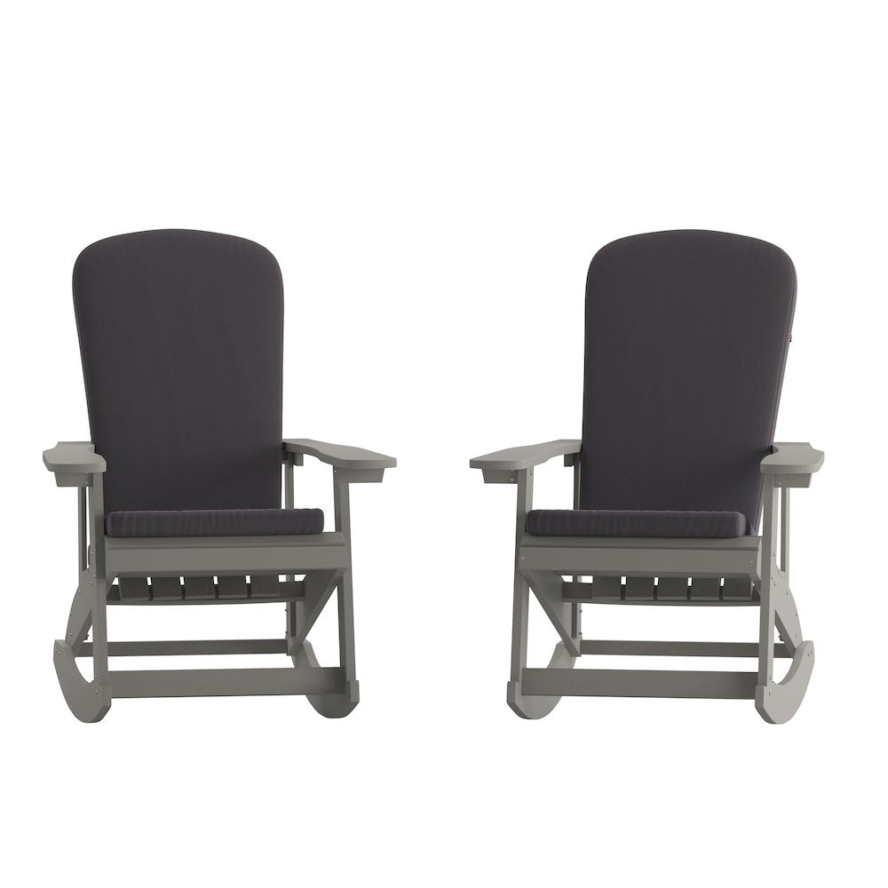Set of 2 Adirondack Rocking Chairs in Gray with Gray Cushions, Porch, and Patio