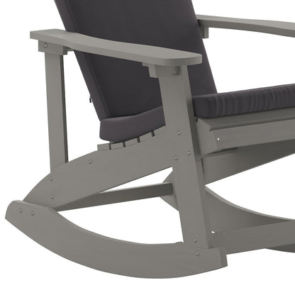 Set of 2 Adirondack Rocking Chairs in Gray with Gray Cushions, Porch, and Patio