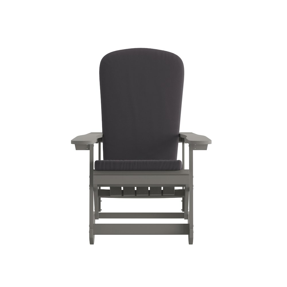 Set of 2 Adirondack Rocking Chairs in Gray with Gray Cushions, Porch, and Patio