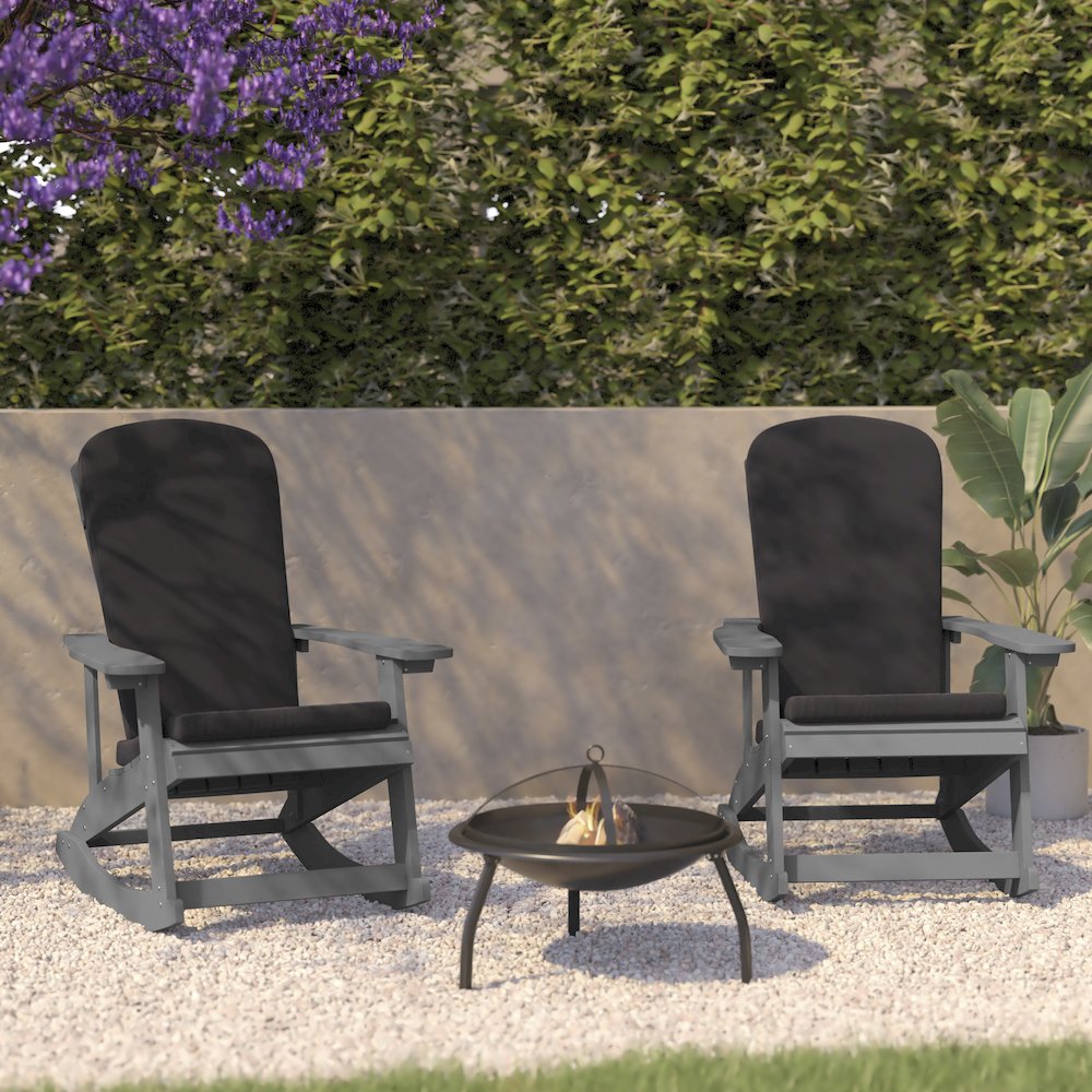 Set of 2 Adirondack Rocking Chairs in Gray with Gray Cushions, Porch, and Patio