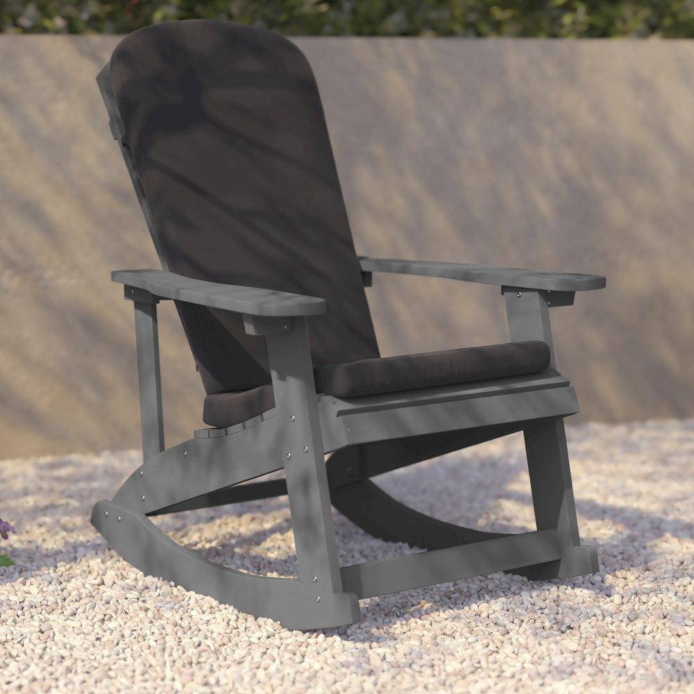 Set of 2 Adirondack Rocking Chairs in Gray with Gray Cushions, Porch, and Patio