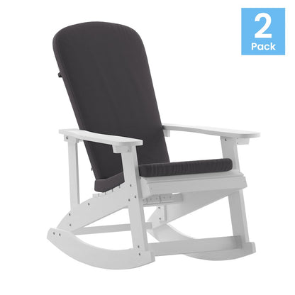 Set of 2 Adirondack Rocking Chairs in White with Gray Cushions, Porch, and Patio