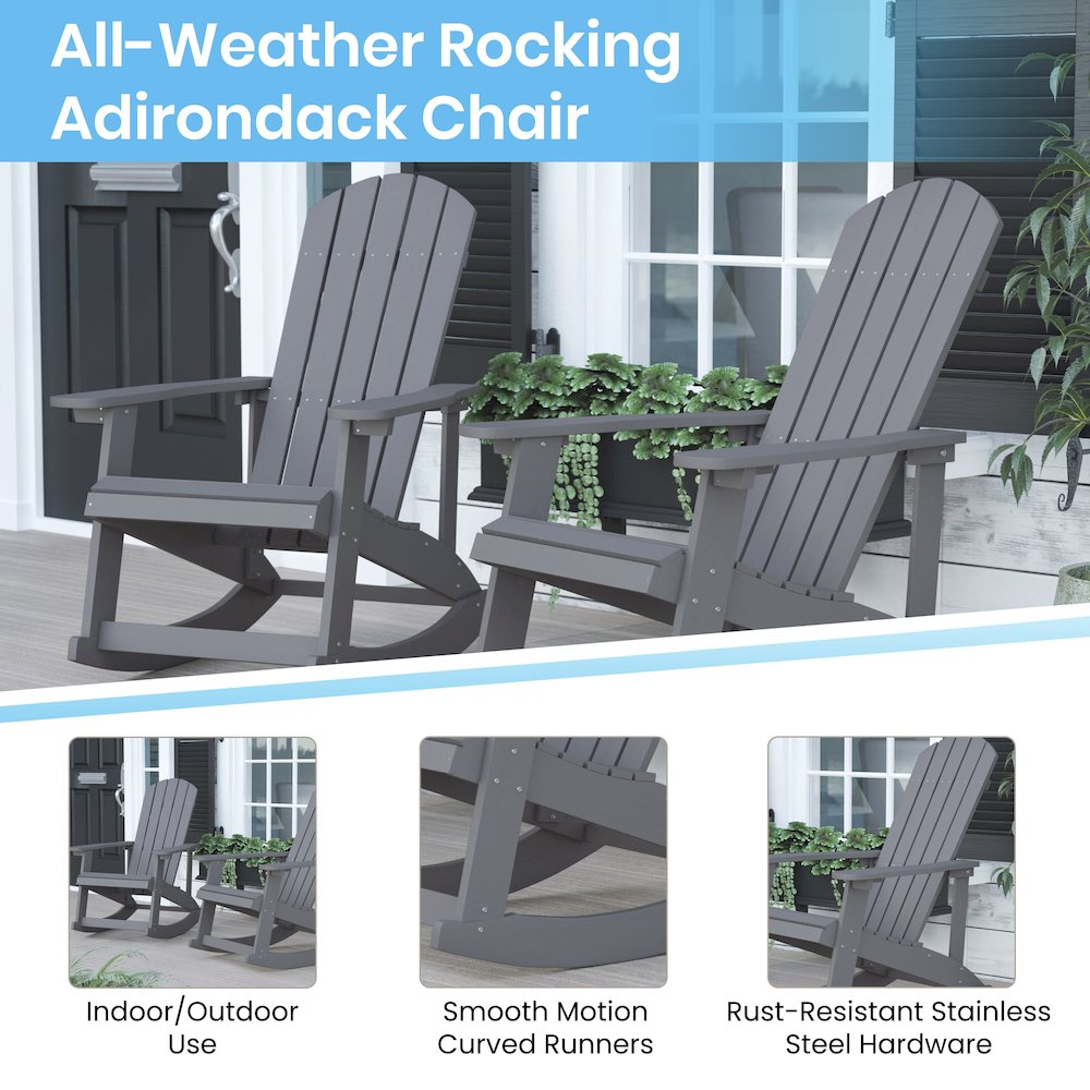 Set of 2 Adirondack Rocking Chairs in Gray with Teal Cushions, Porch, and Patio