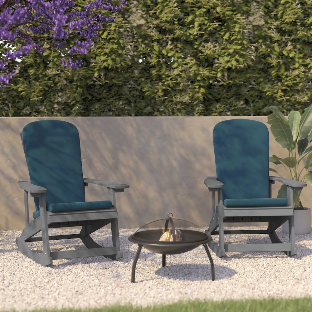 Set of 2 Adirondack Rocking Chairs in Gray with Teal Cushions, Porch, and Patio