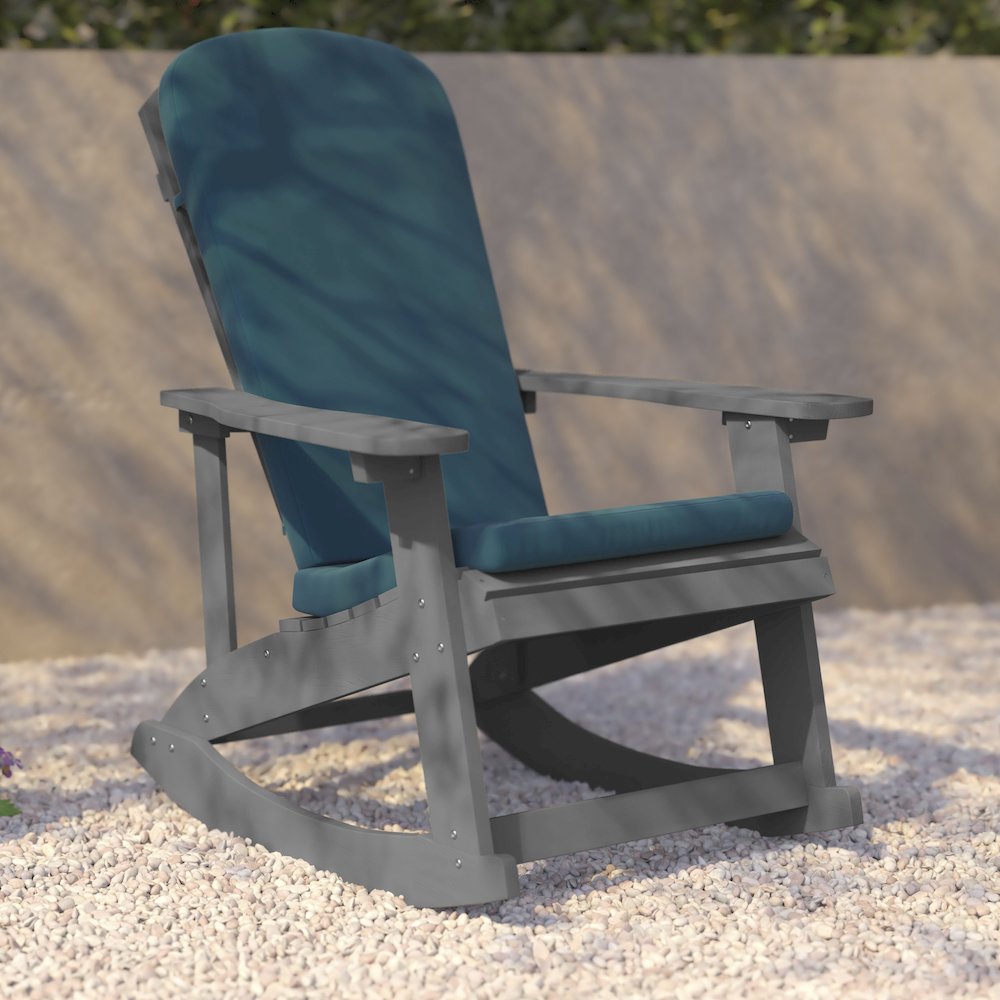 Set of 2 Adirondack Rocking Chairs in Gray with Teal Cushions, Porch, and Patio