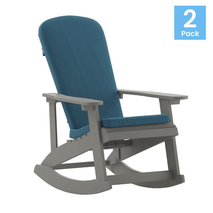 Set of 2 Adirondack Rocking Chairs in Gray with Teal Cushions, Porch, and Patio