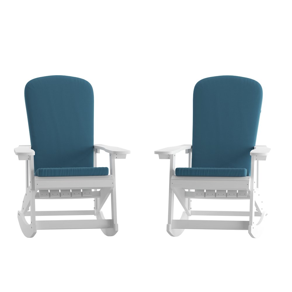 Set of 2 Adirondack Rocking Chairs in White with Teal Cushions, Porch, and Patio