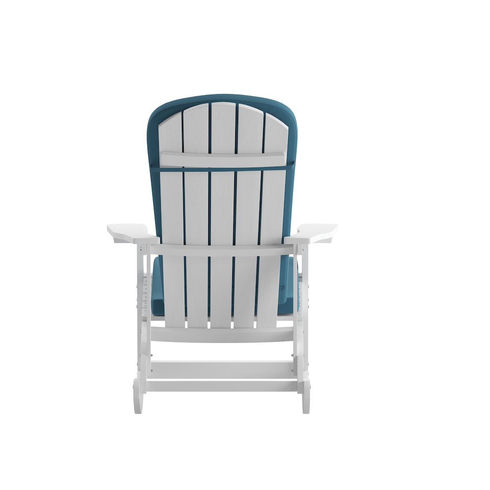 Set of 2 Adirondack Rocking Chairs in White with Teal Cushions, Porch, and Patio